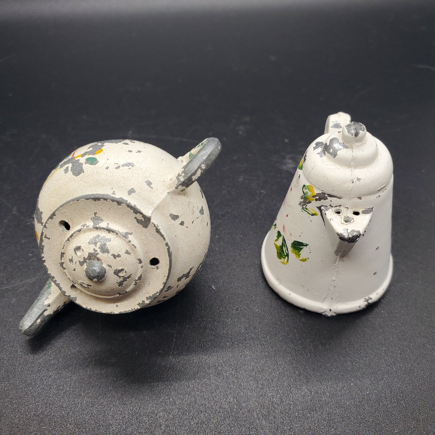 Vintage White Painted Cast Metal Kettle & Teapot Salt and Pepper Shaker Set