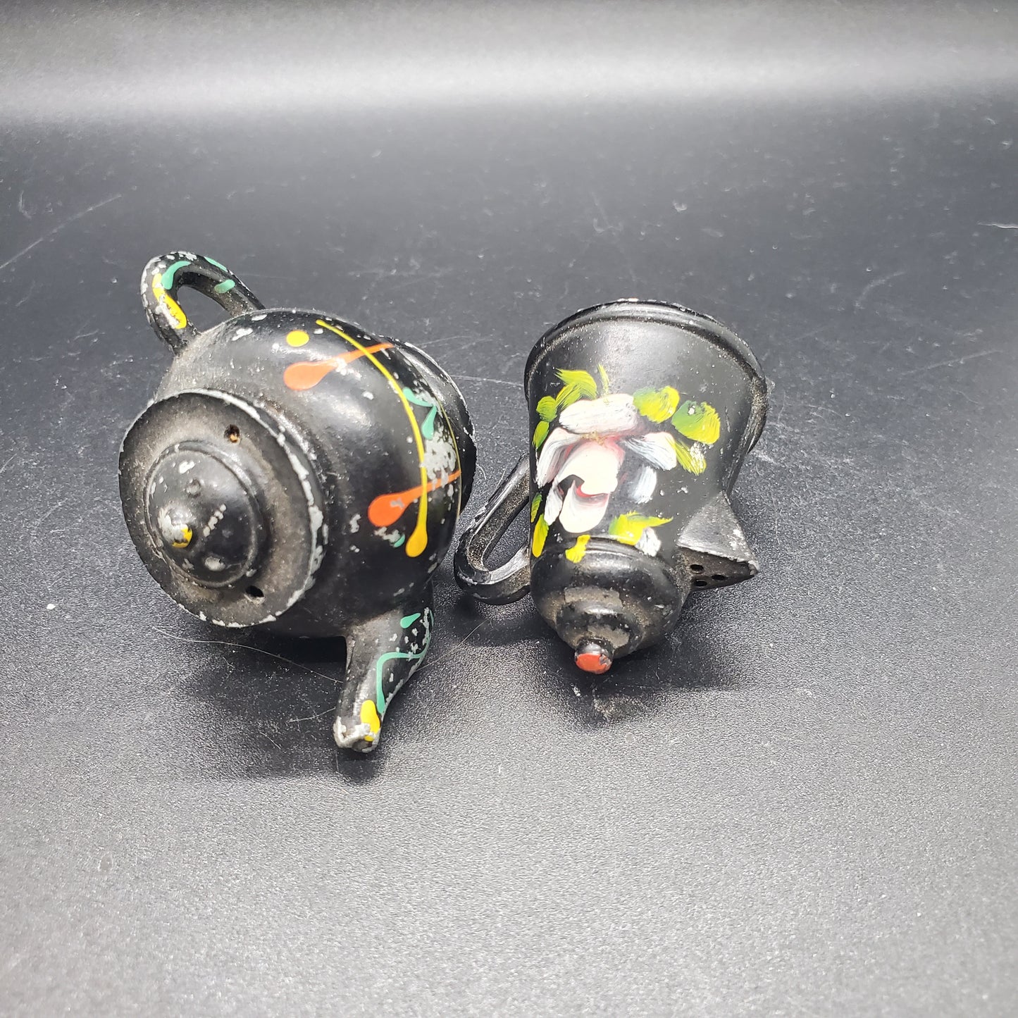 Vintage Black Cast Metal Handpainted Teapot and Kettle Salt and Pepper Shaker Set