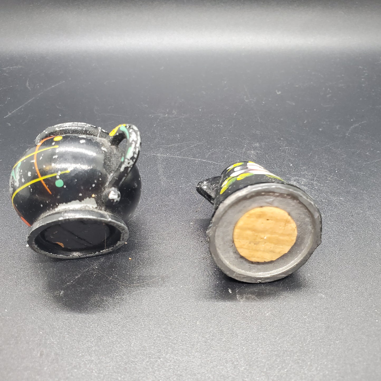 Vintage Black Cast Metal Handpainted Teapot and Kettle Salt and Pepper Shaker Set