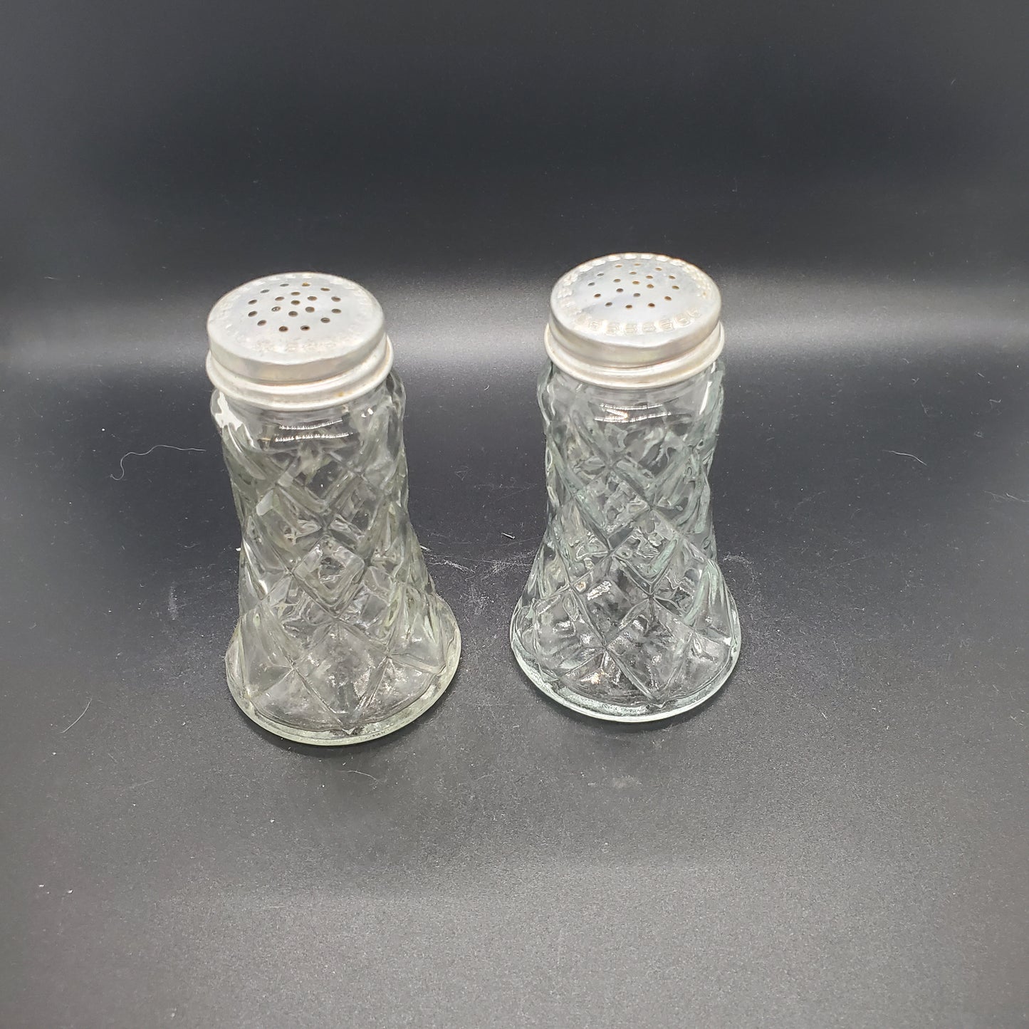 Vintage Mid Century Glass Salt & Pepper Shakers, Diamond Design, Flared Bottom and Screw on Aluminum Lids.