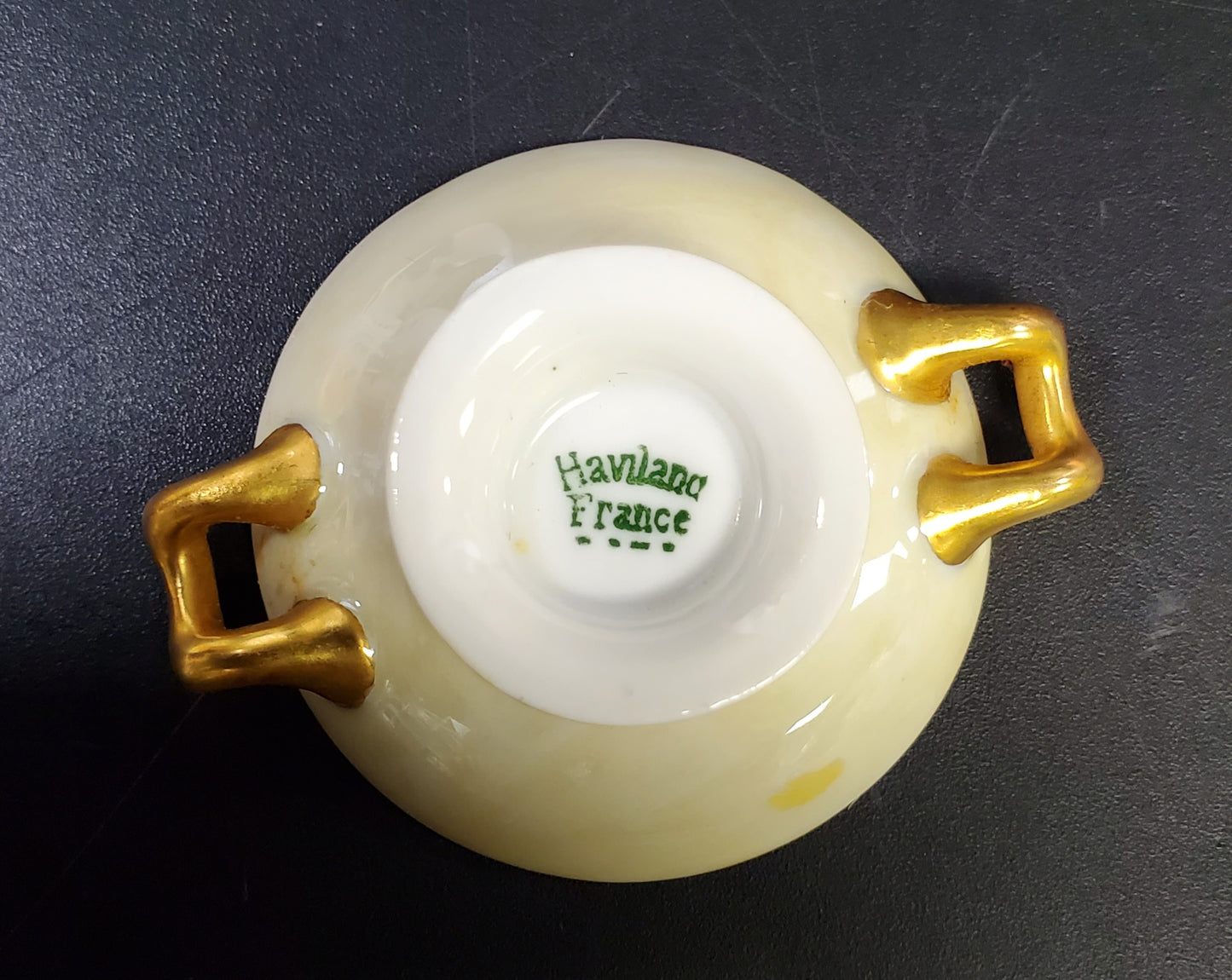 Porcelain Pedestal Handled Salt Cellar Iridescent Bowl with Gold Trim, Hand Painted Haviland France