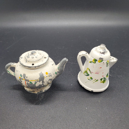 Vintage White Painted Cast Metal Kettle & Teapot Salt and Pepper Shaker Set