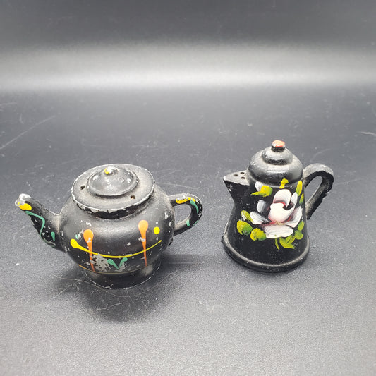 Vintage Black Cast Metal Handpainted Teapot and Kettle Salt and Pepper Shaker Set