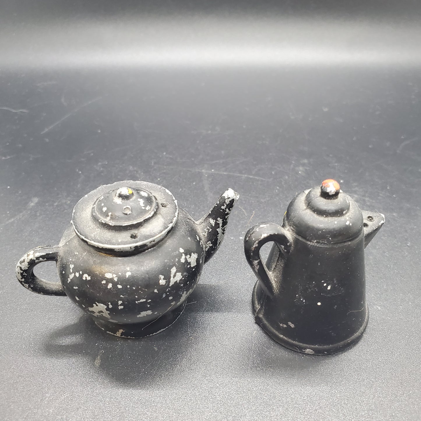 Vintage Black Cast Metal Handpainted Teapot and Kettle Salt and Pepper Shaker Set