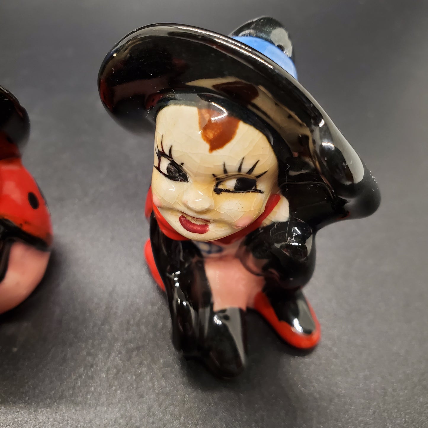 Vintage Japan Anthropomorphic Ladybug Halloween Witch Salt And Pepper Shakers