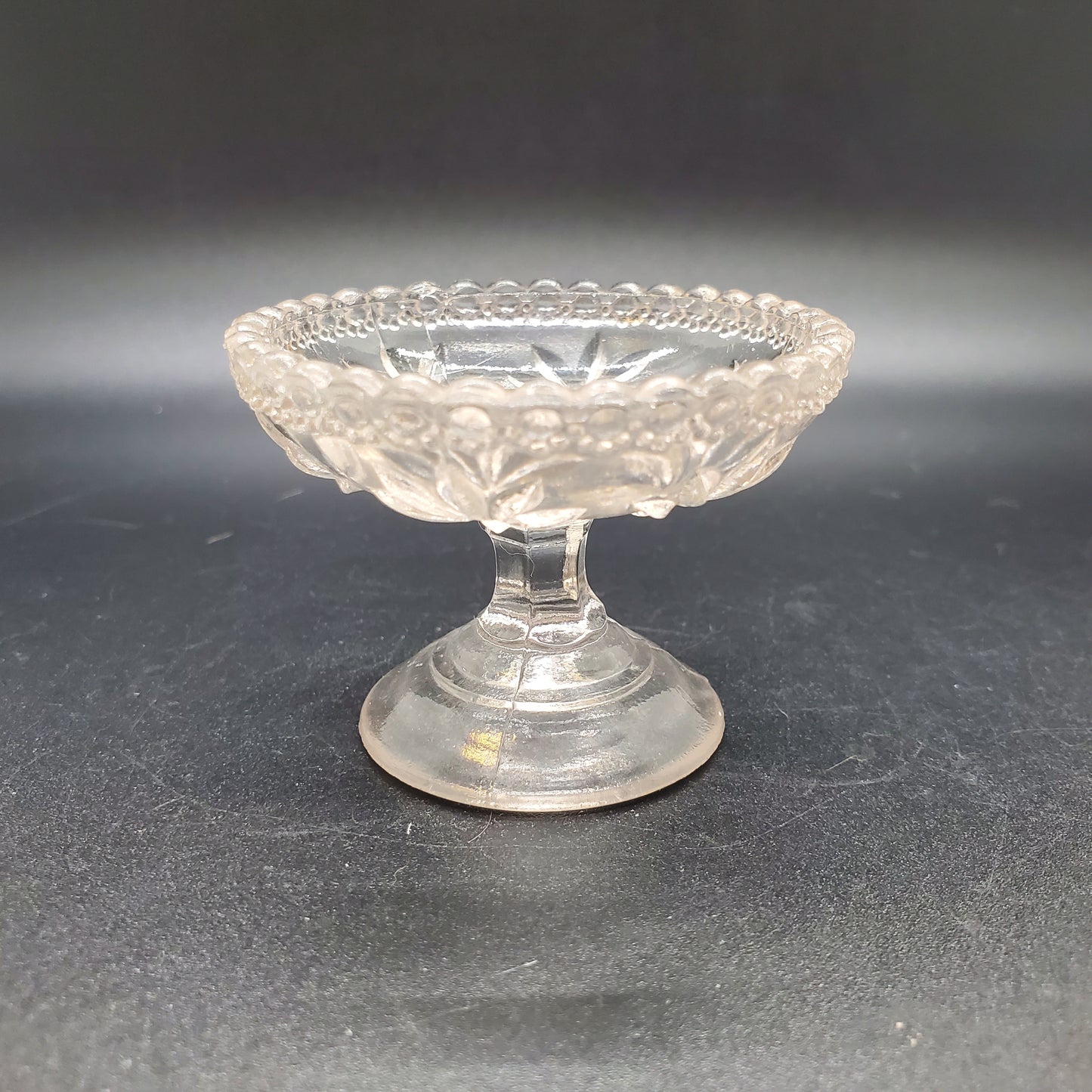 Vintage Round Salt Cellar with a Pedestal Base and Leaf Pattern