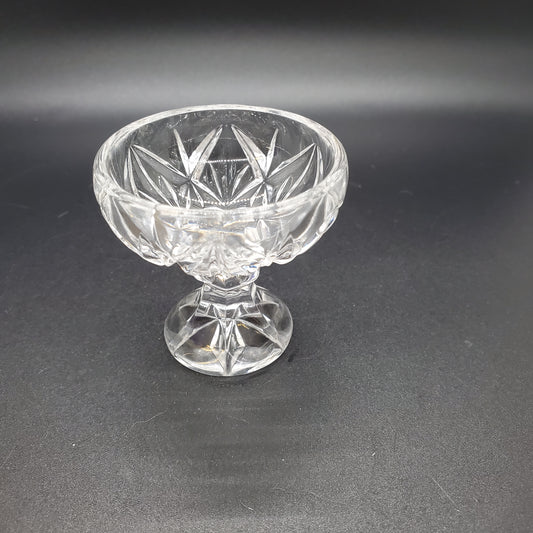 Vintage Glass Pedestal Round Salt Cellar with a Cross Cut Pattern and Star Base