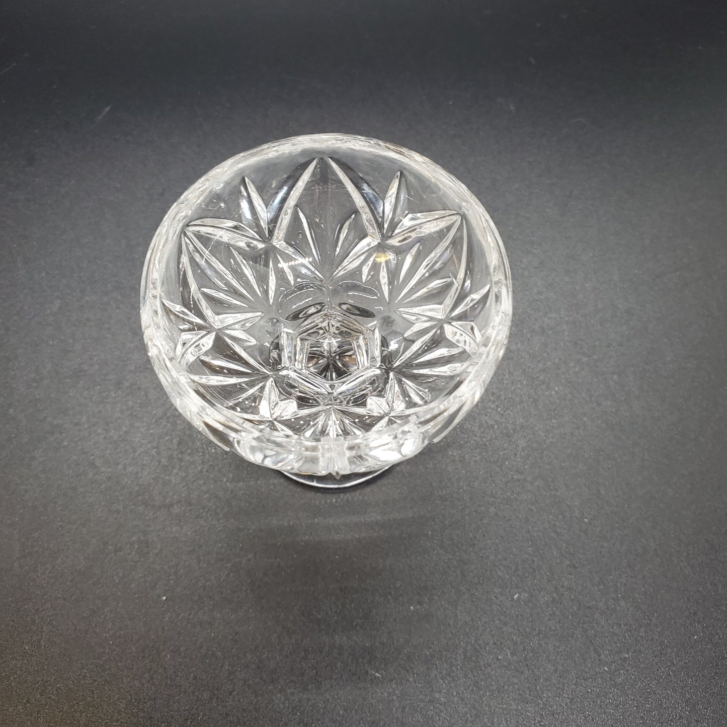 Vintage Glass Pedestal Round Salt Cellar with a Cross Cut Pattern and Star Base