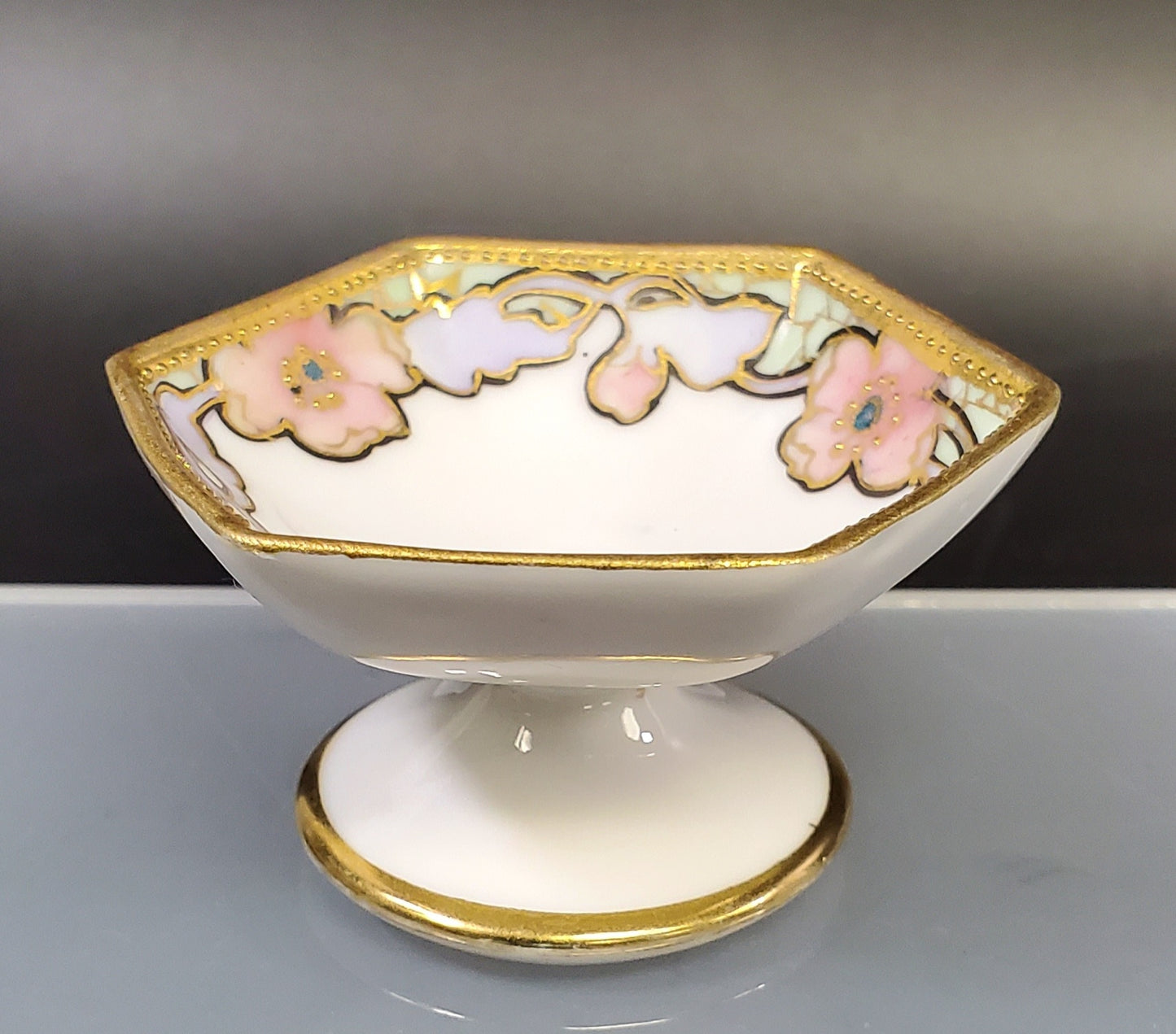 Nippon Hexagonal Salt Cellar on Pedestal. Hand Painted