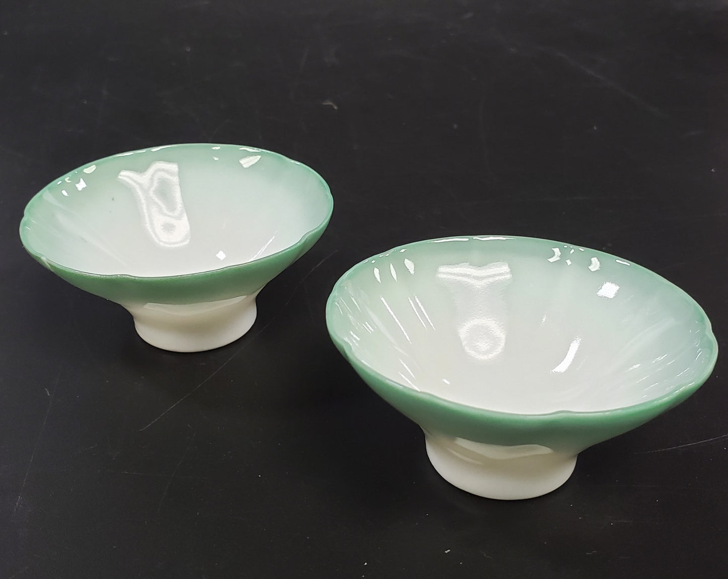 Pair of Porcelain Lotus Petal Soy Sauce Dishes or Salt Cellars Green