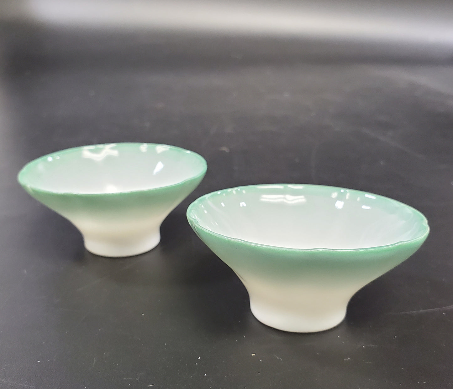 Pair of Porcelain Lotus Petal Soy Sauce Dishes or Salt Cellars Green