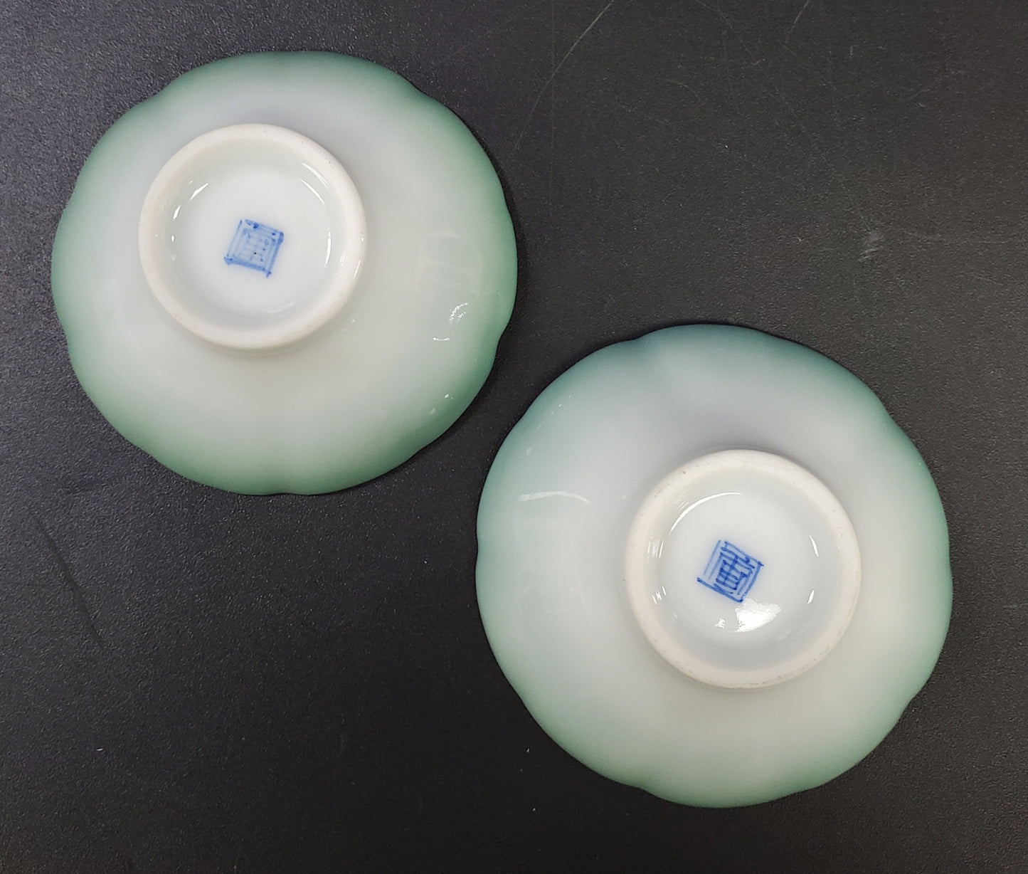 Pair of Porcelain Lotus Petal Soy Sauce Dishes or Salt Cellars Green