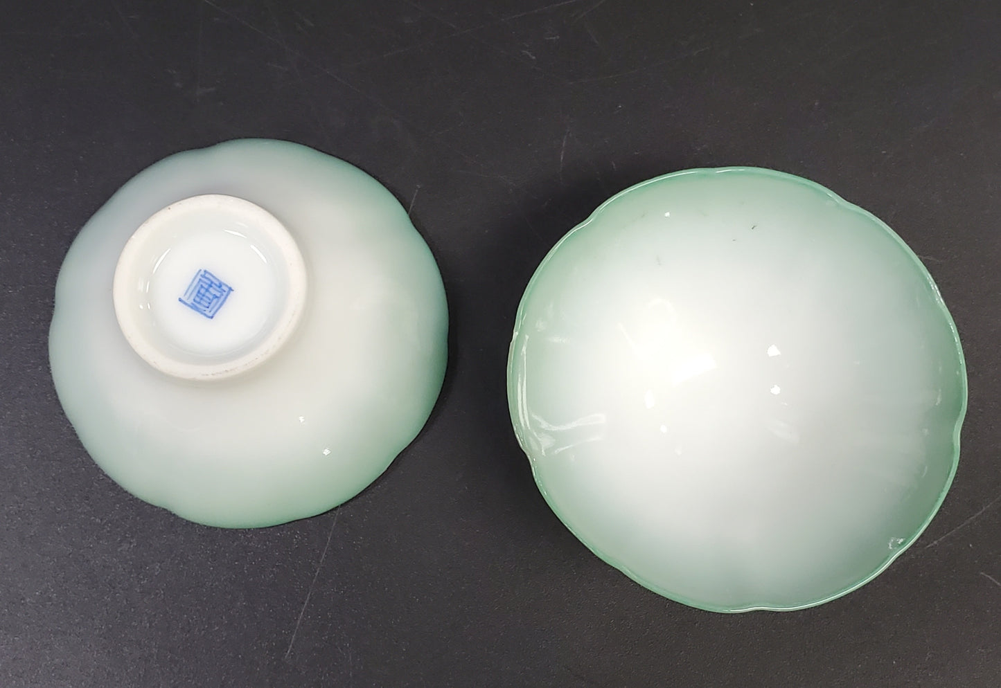 Pair of Porcelain Lotus Petal Soy Sauce Dishes or Salt Cellars Green