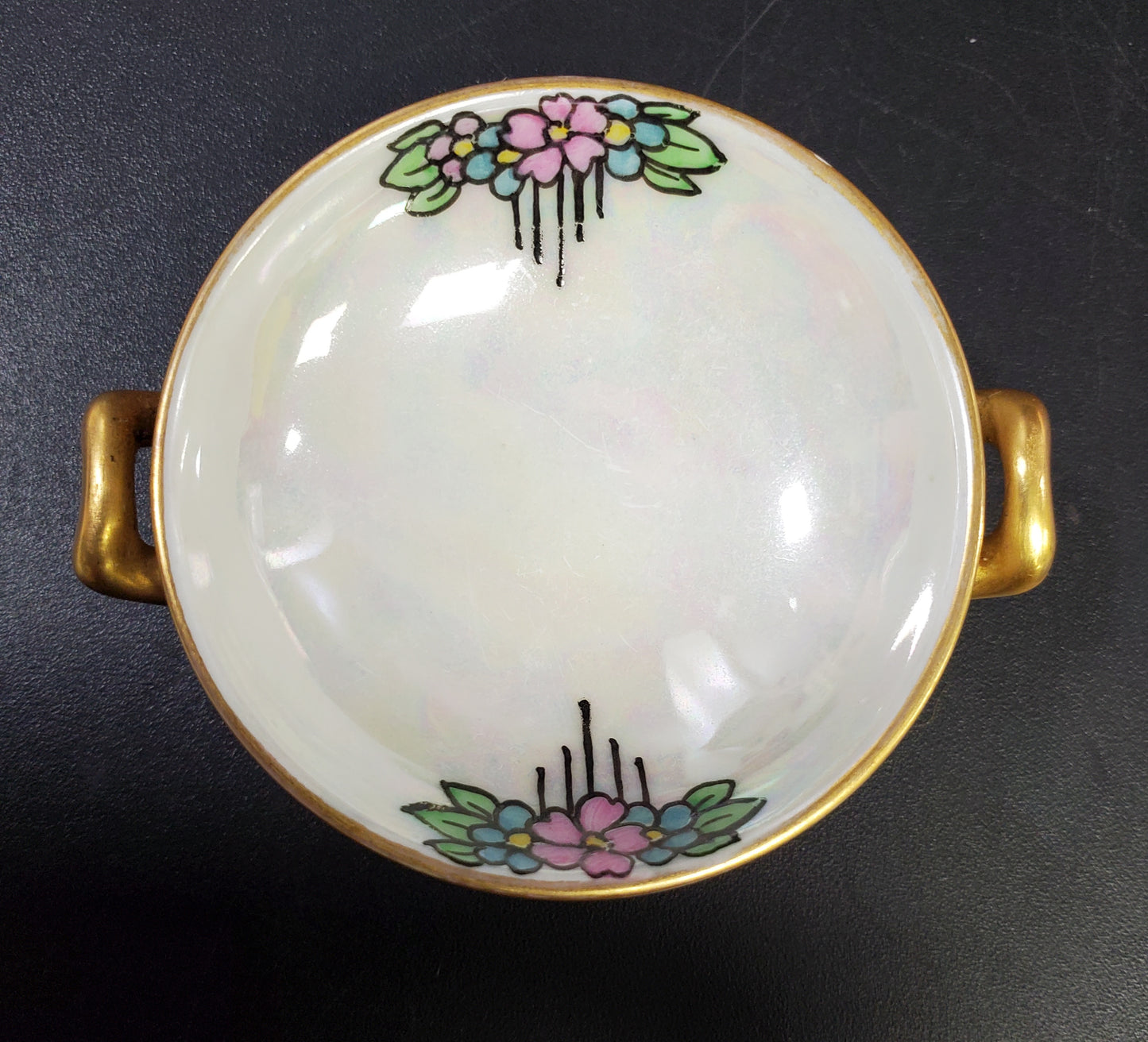 Porcelain Pedestal Handled Salt Cellar Iridescent Bowl with Gold Trim, Hand Painted Haviland France