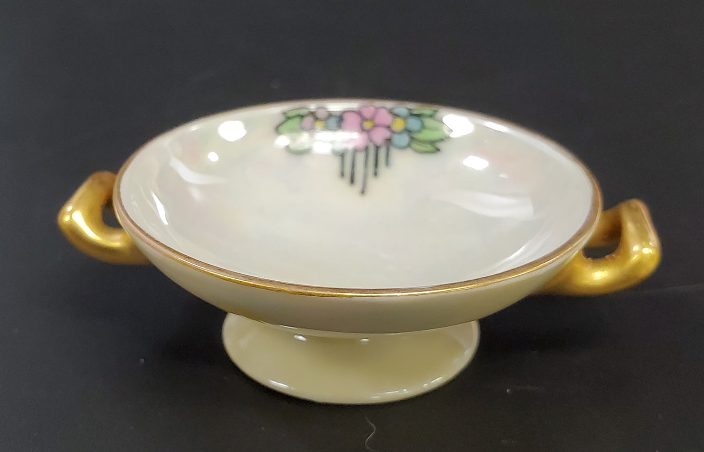 Porcelain Pedestal Handled Salt Cellar Iridescent Bowl with Gold Trim, Hand Painted Haviland France