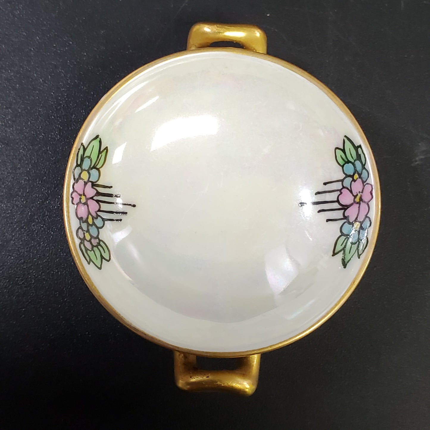 Porcelain Pedestal Handled Salt Cellar Iridescent Bowl with Gold Trim, Hand Painted Haviland France
