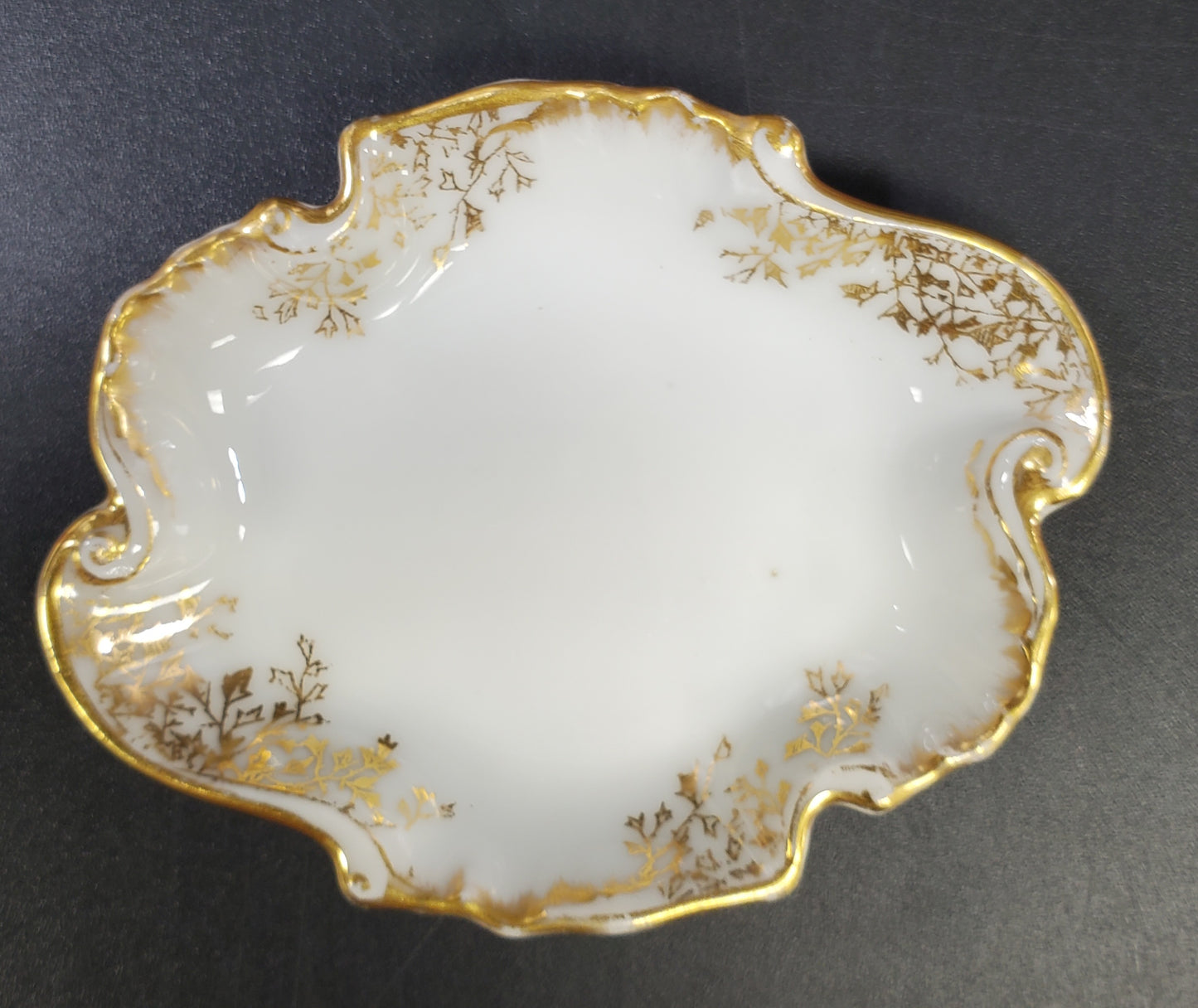 Porcelain Trinket Dish, Irregular Shaped with Gold Border and Leaves. Charles F. Haviland