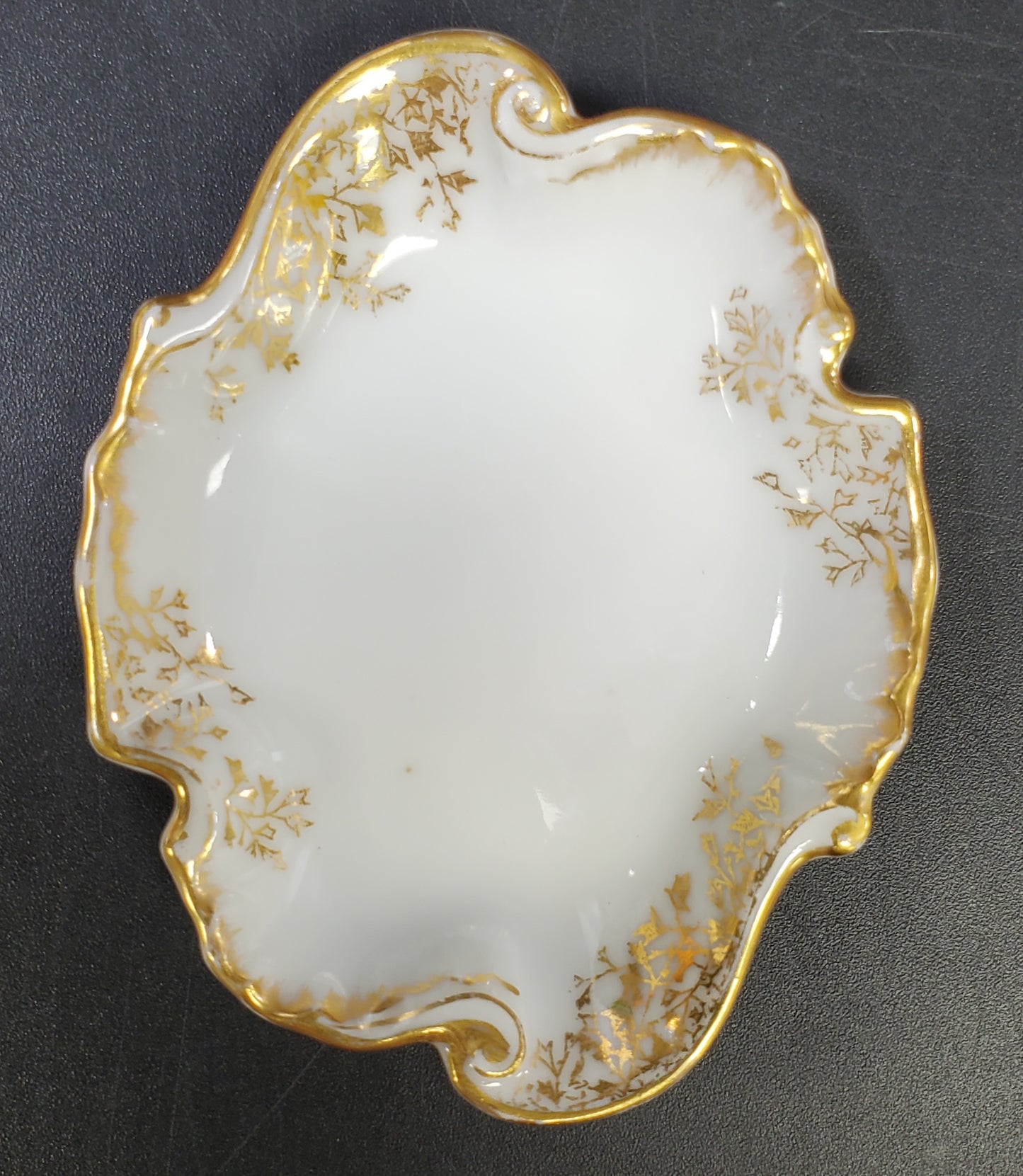 Porcelain Trinket Dish, Irregular Shaped with Gold Border and Leaves. Charles F. Haviland