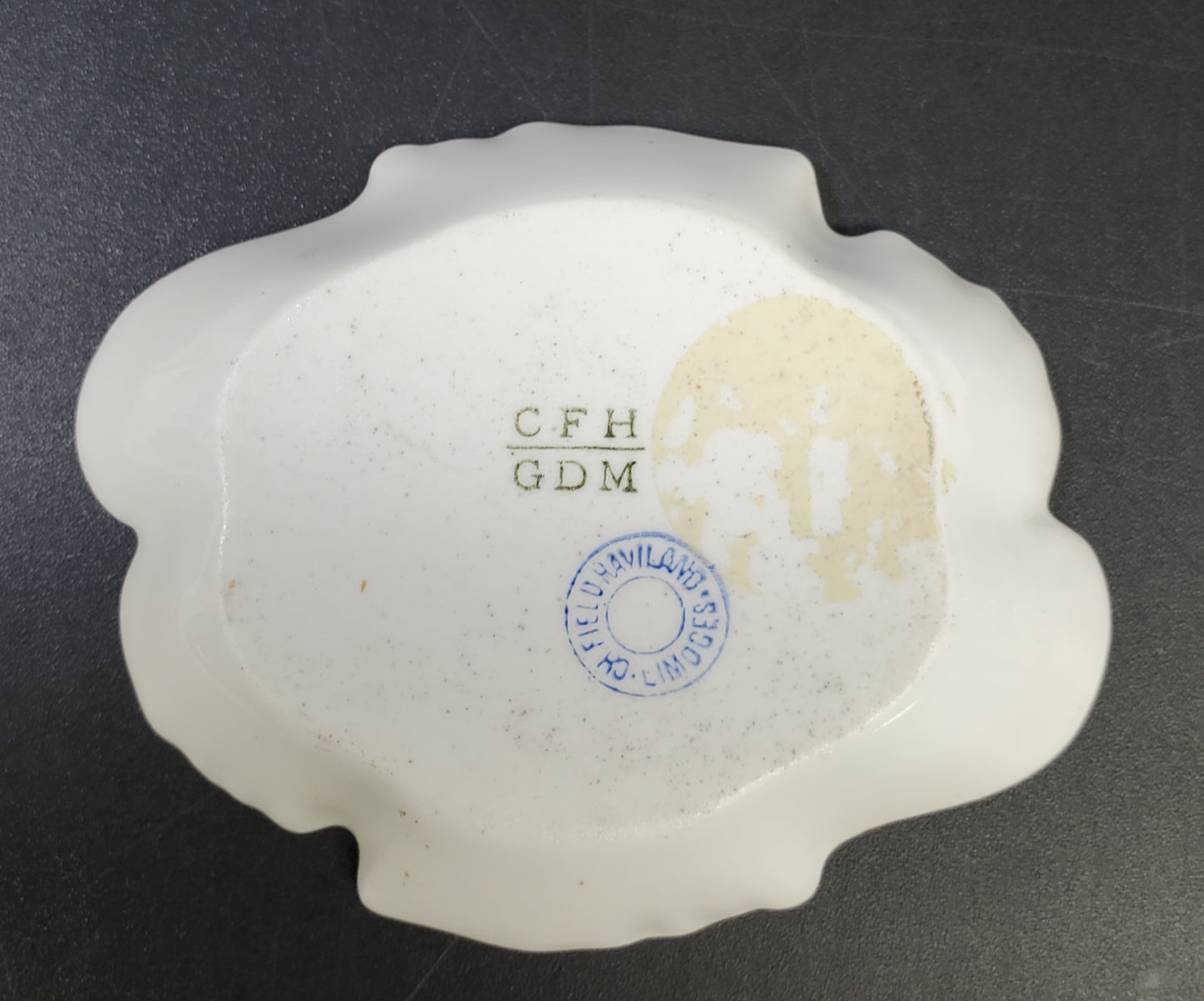 Porcelain Trinket Dish, Irregular Shaped with Gold Border and Leaves. Charles F. Haviland