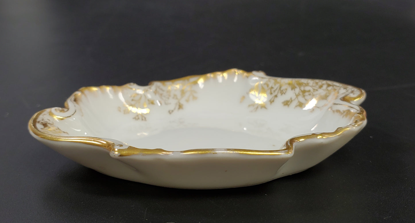 Porcelain Trinket Dish, Irregular Shaped with Gold Border and Leaves. Charles F. Haviland