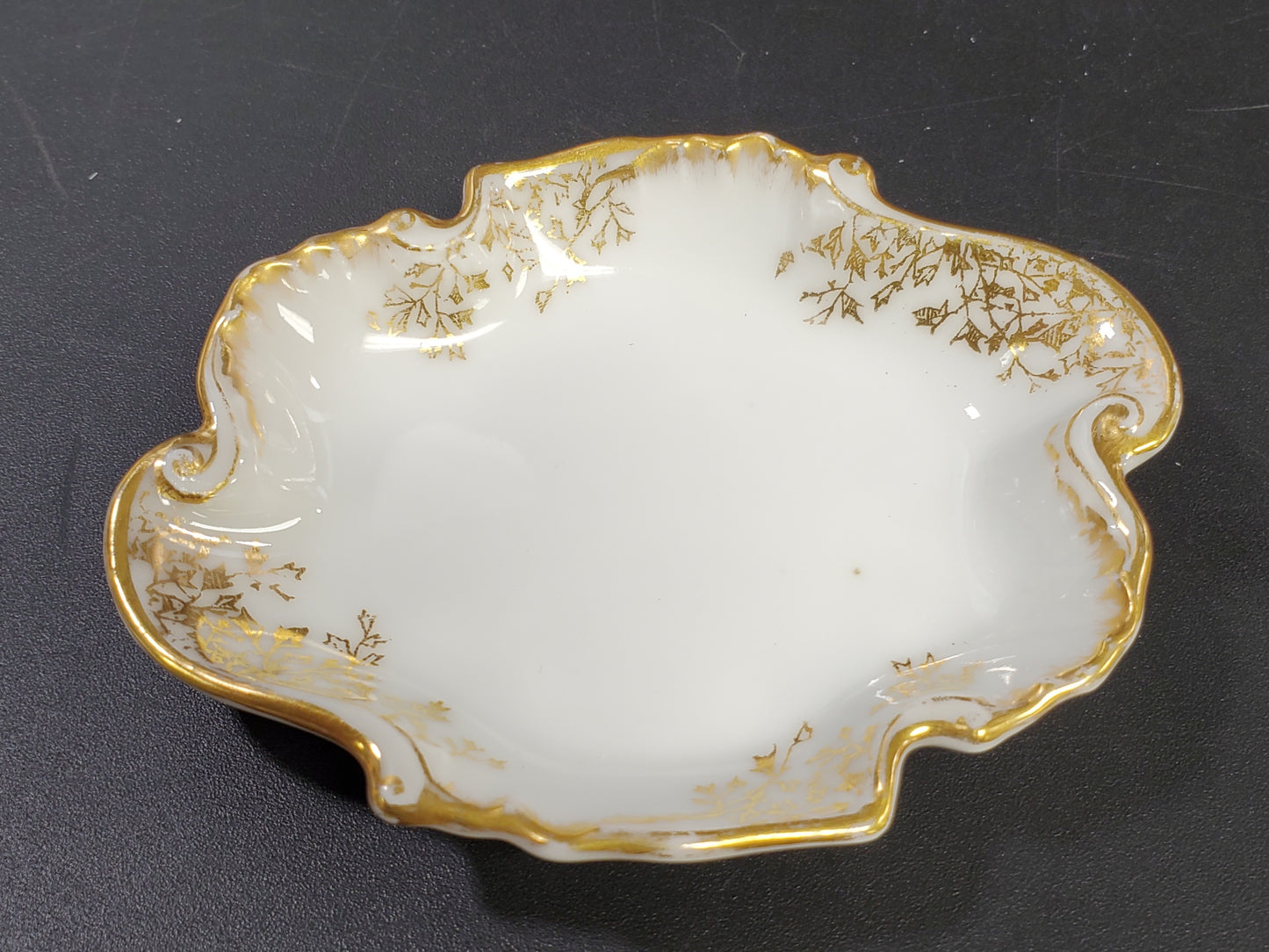 Porcelain Trinket Dish, Irregular Shaped with Gold Border and Leaves. Charles F. Haviland