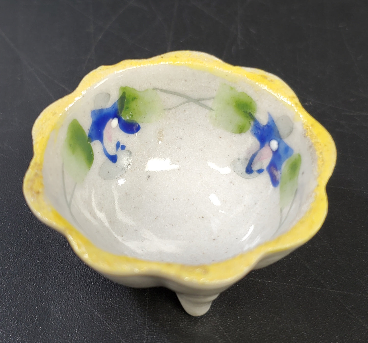Ceramic Salt Cellar with tripod base and Blue Flowers