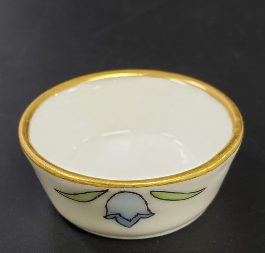 Anique Porcelain Salt Cellar Vignaud Limoges Signed and Dated Gold Rim Blue Bells