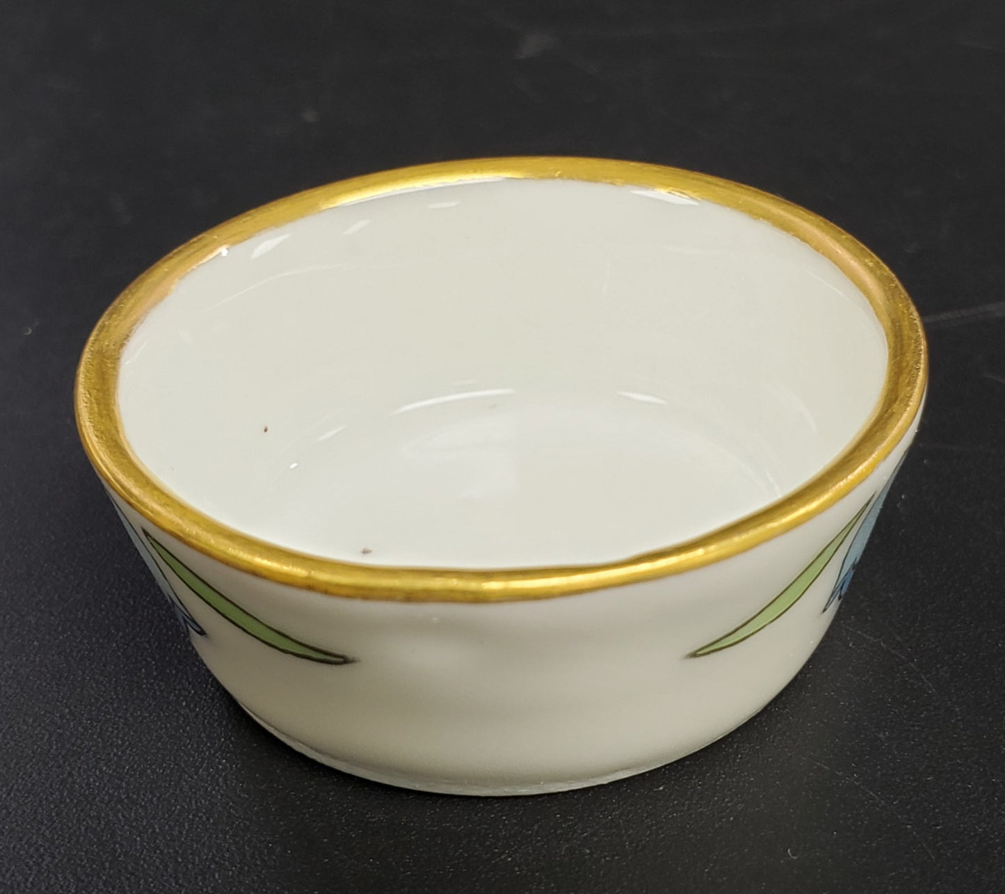Anique Porcelain Salt Cellar Vignaud Limoges Signed and Dated Gold Rim Blue Bells