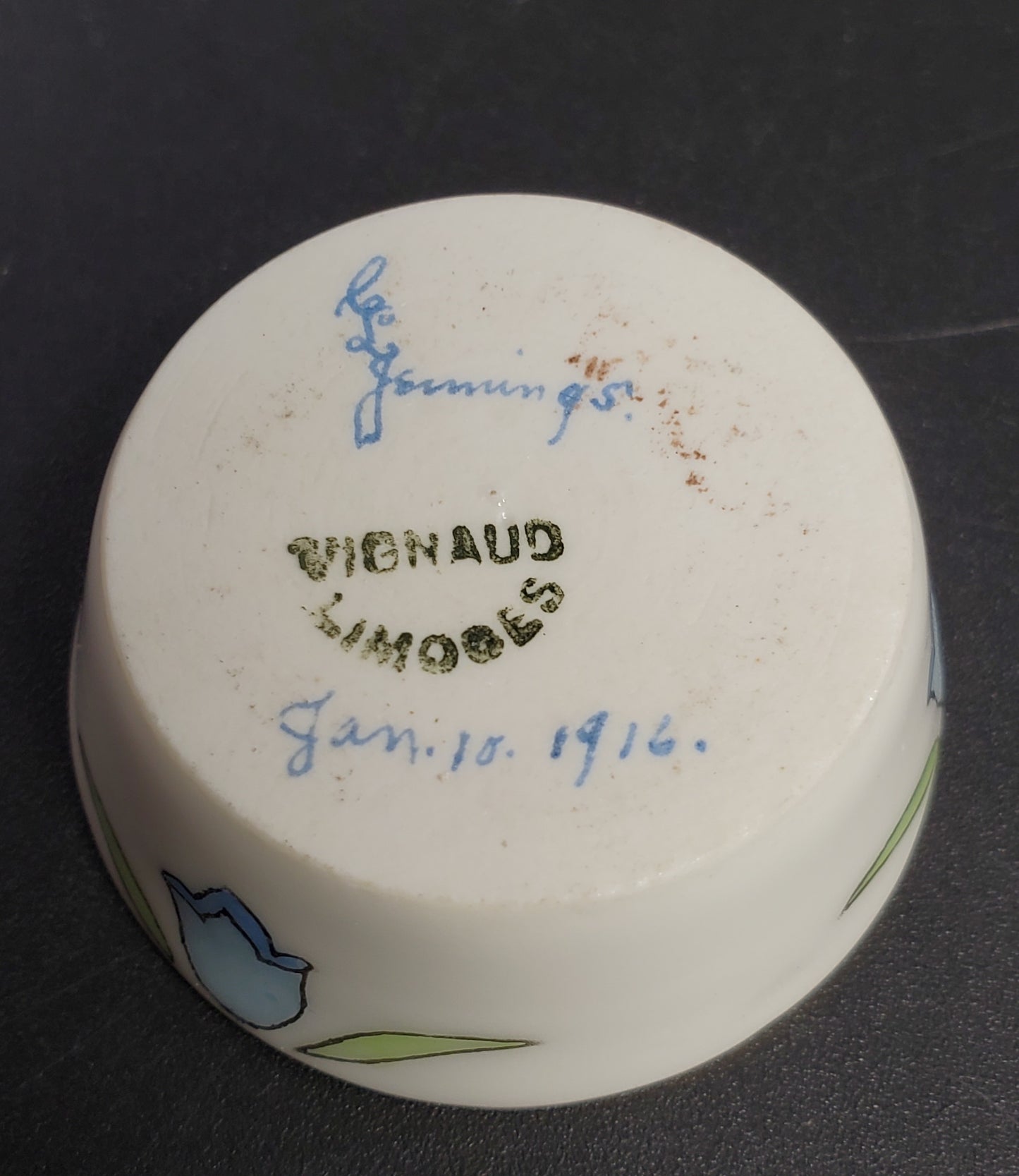 Anique Porcelain Salt Cellar Vignaud Limoges Signed and Dated Gold Rim Blue Bells