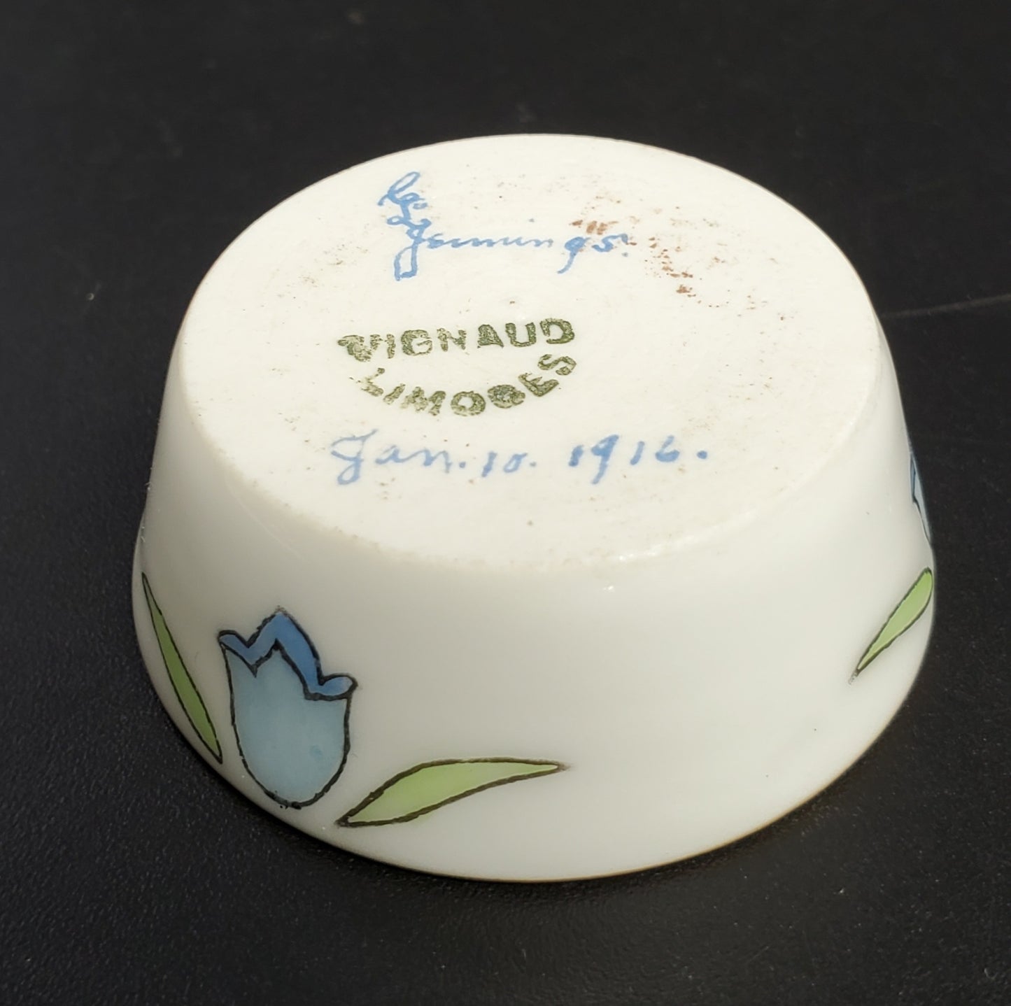 Anique Porcelain Salt Cellar Vignaud Limoges Signed and Dated Gold Rim Blue Bells