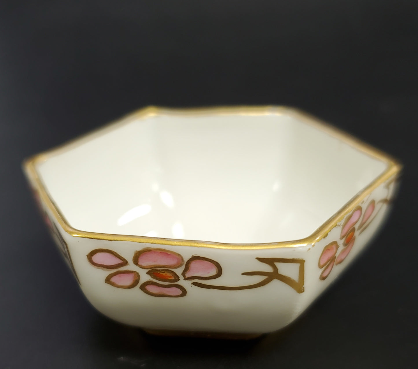 Porcelain Hexagonal Salt Cellar with Gold Rim and Pink and Gold Flowers Limoges France