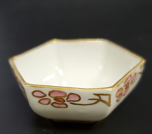 Porcelain Hexagonal Salt Cellar with Gold Rim and Pink and Gold Flowers Limoges France