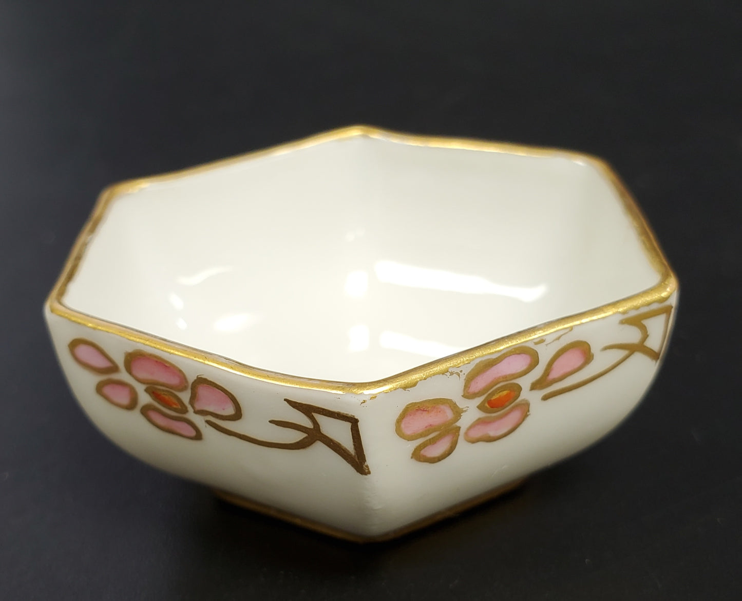 Porcelain Hexagonal Salt Cellar with Gold Rim and Pink and Gold Flowers Limoges France