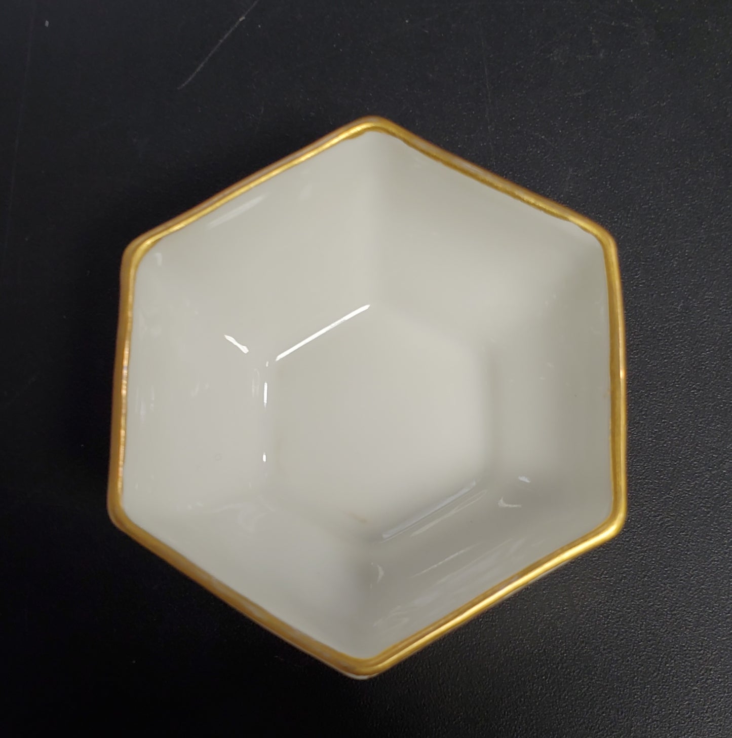 Porcelain Hexagonal Salt Cellar with Gold Rim and Pink and Gold Flowers Limoges France