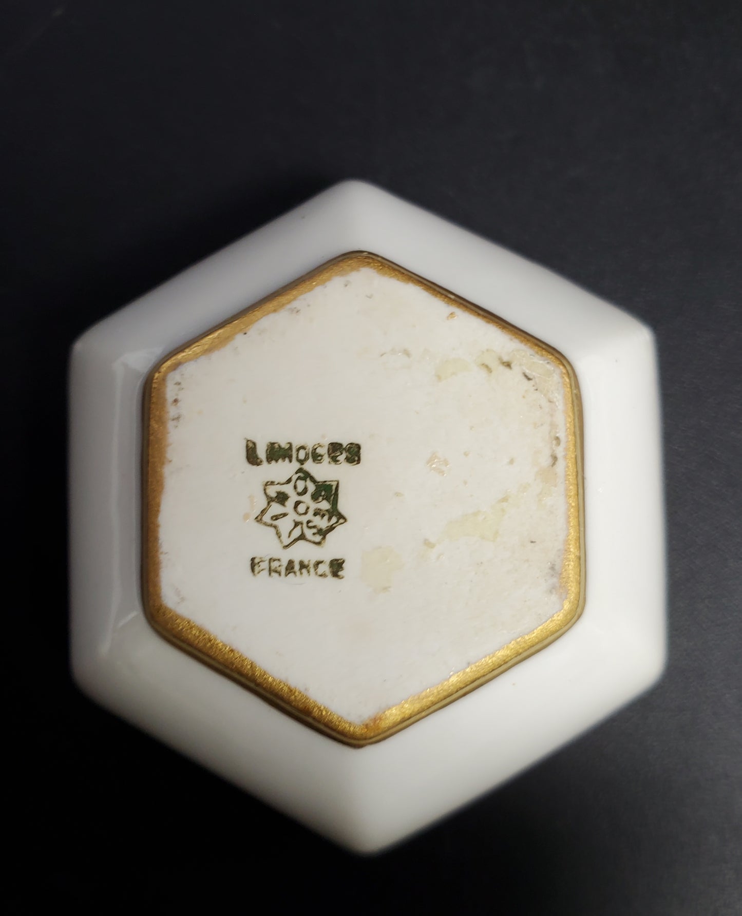 Porcelain Hexagonal Salt Cellar with Gold Rim and Pink and Gold Flowers Limoges France