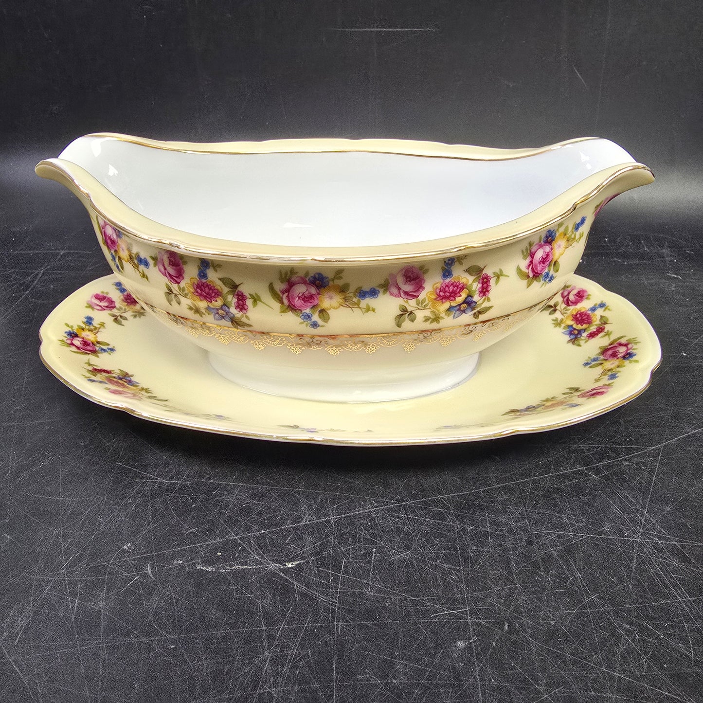 Gold Castle "Hostess" c.1940 Japan Gravy Boat with Attached Underplate Gold Castle Stamped